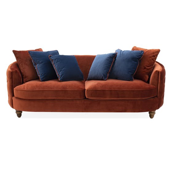 Jools Velvet 3 Seater Sofa In Copper With Scatter Cushions