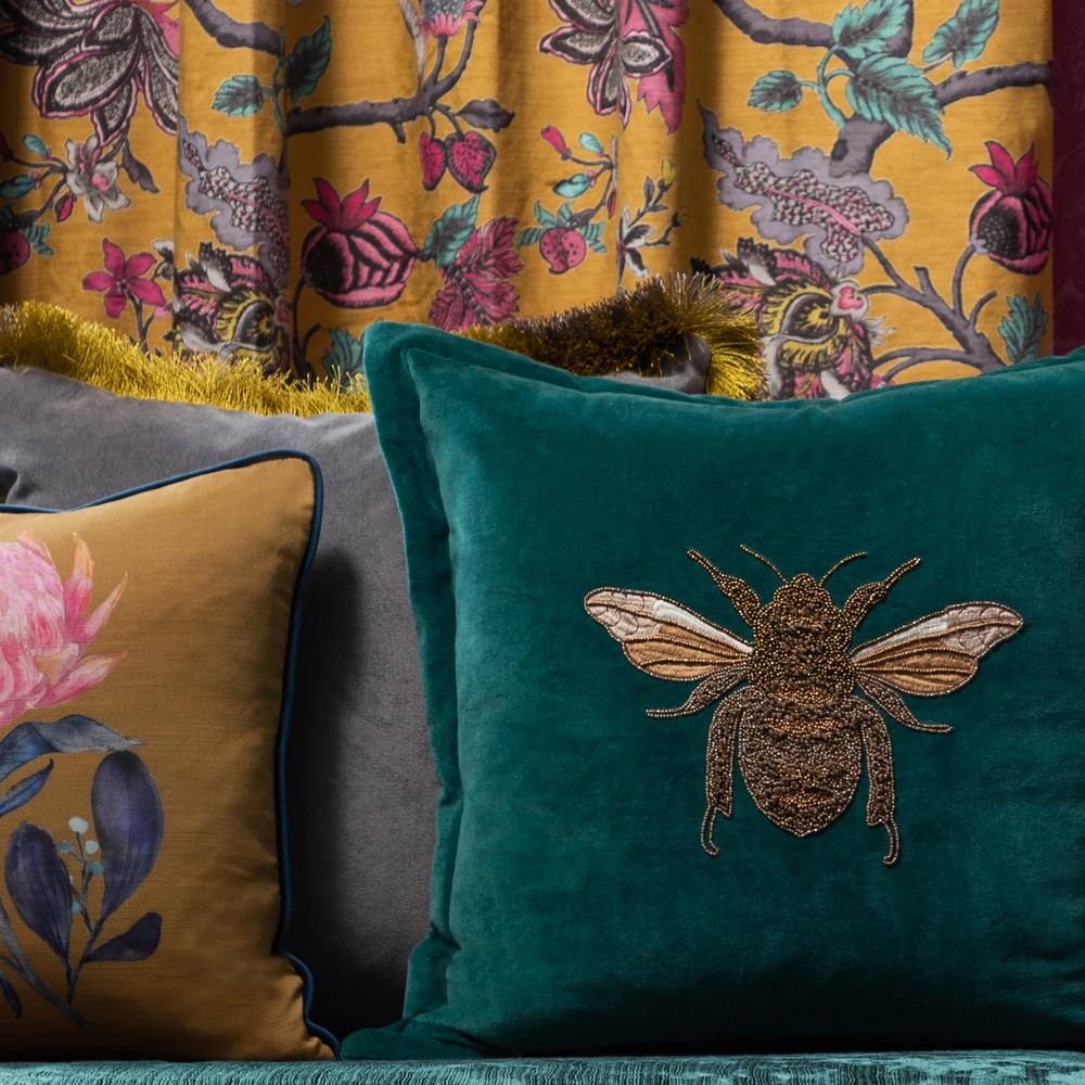 Voyage Maison Layla Velvet Embroidered Bee Cushion in Teal