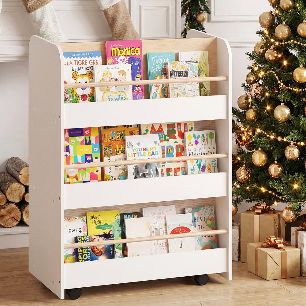 Costway 3-Tier Bookshelf w/ Wheels Double-sided Book Display & Storage Cart in White