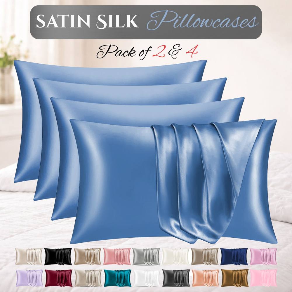 Grace Satin Silk Pillow Cases Pack of 4 Super Soft Smooth Pillow Covers in Blue