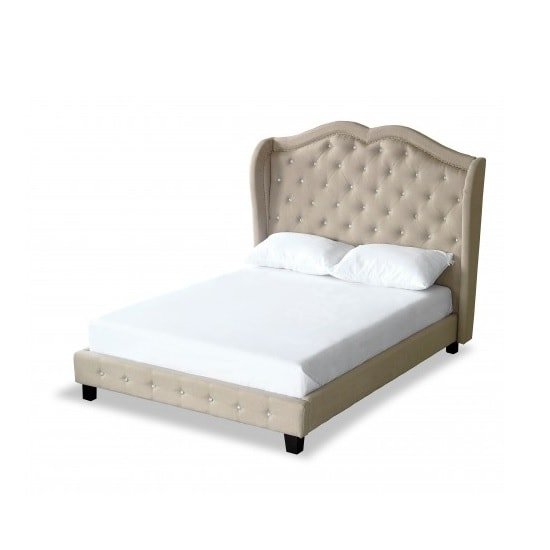 Benson Fabric King Size Bed In Beige Linen With Dark Legs