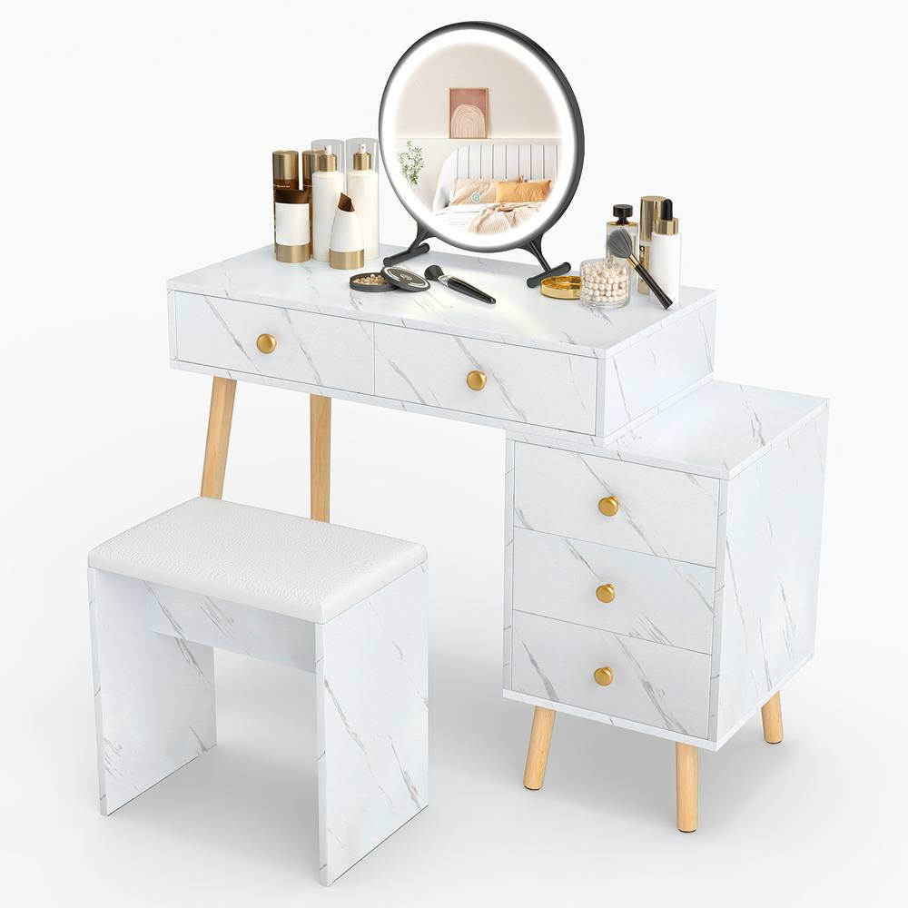 Costway Modern Vanity Desk w/Stool Makeup Vanity Set w/Mirror & 3 Modes Lights in White