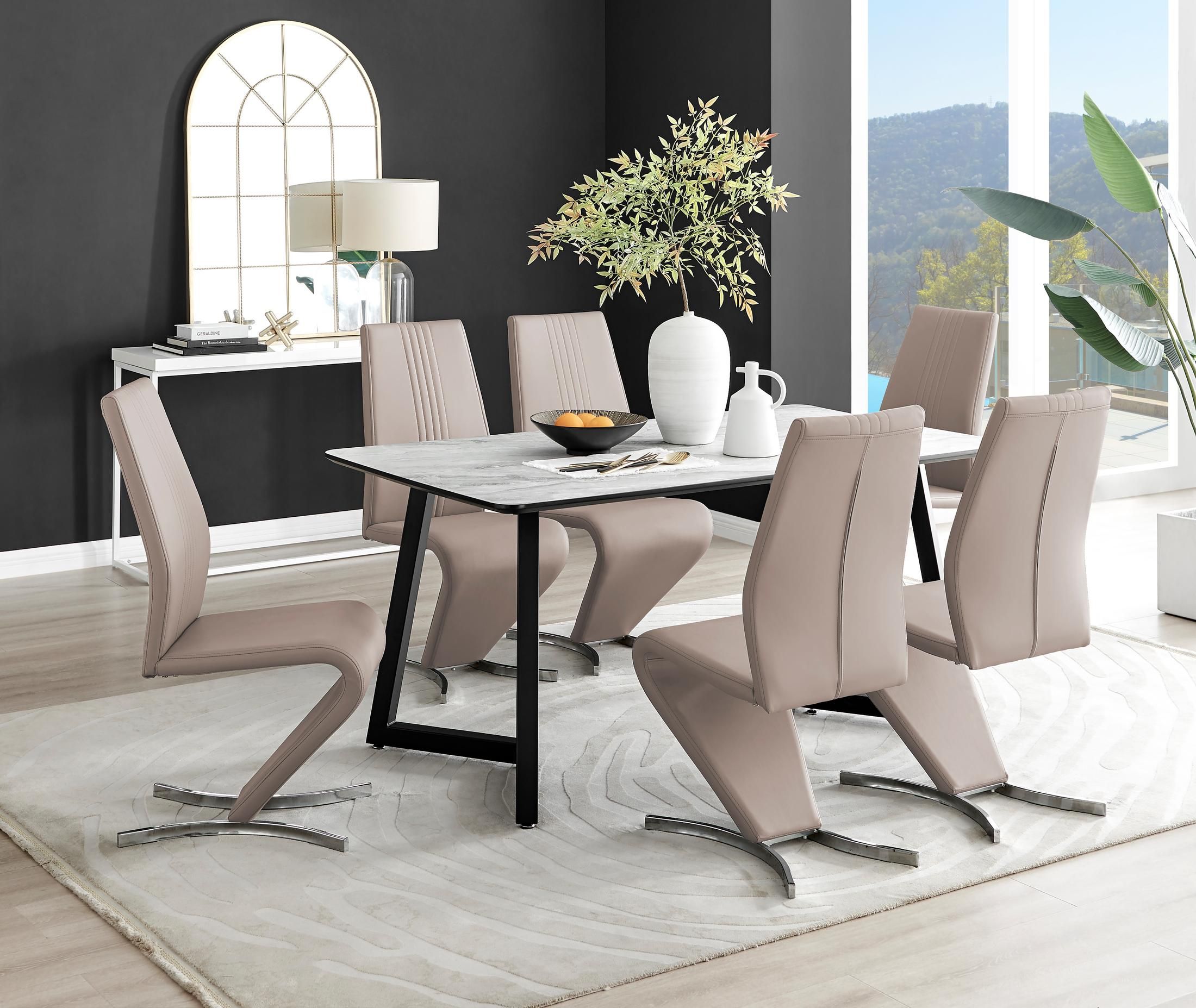 FurnitureboxUK Carson White Marble Effect Dining Table & 6 Willow Chairs in Beige