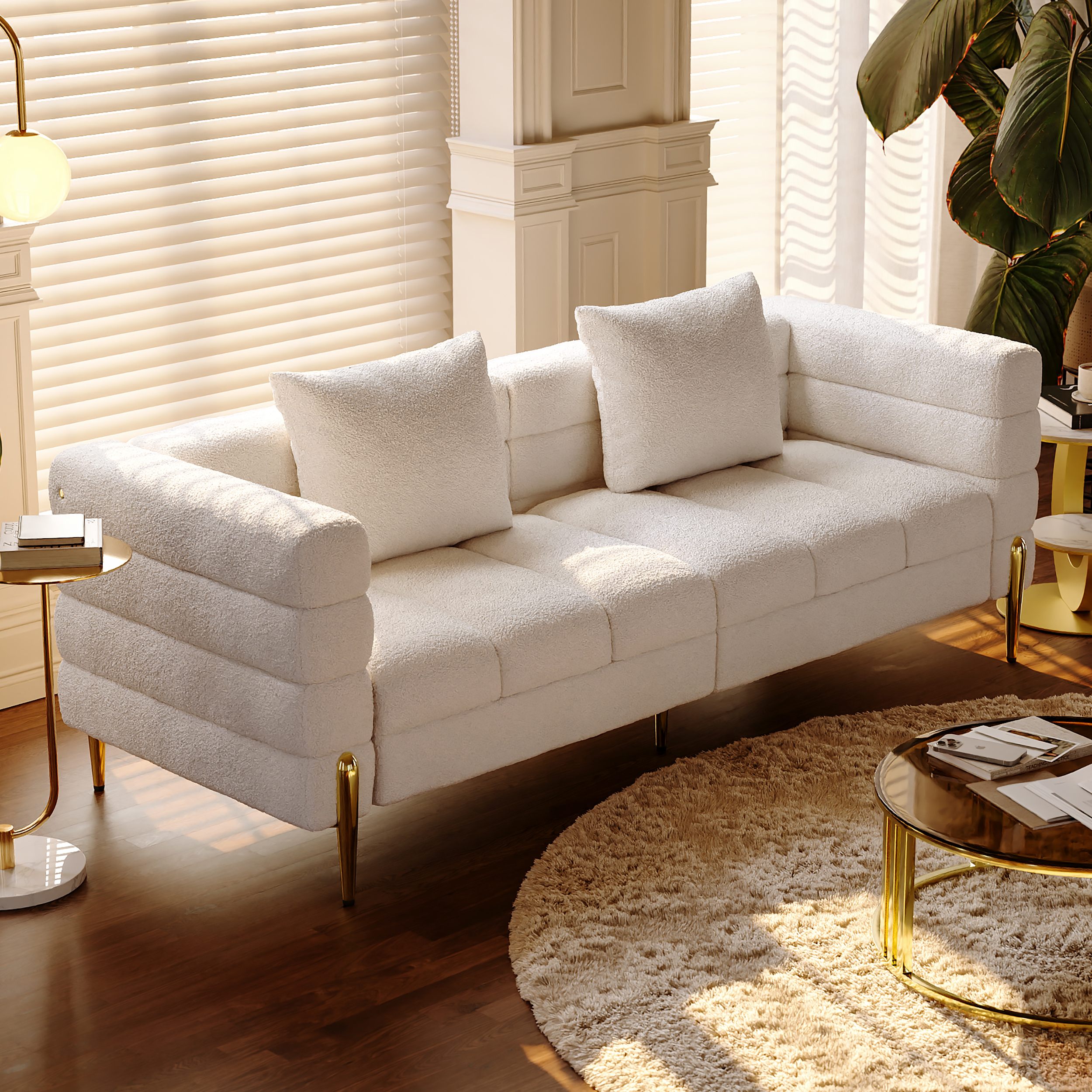 Homary 200 cm Modern White Boucle Upholstered Fluted 3 Seater Sofa for Living Room with Pillow