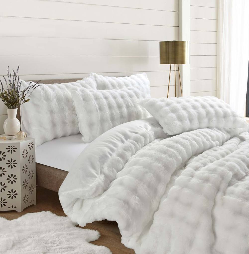 Homes-Linen Teddy Square Plush Duvet Cover Set Soft Fluffy Cosy Bedding in White