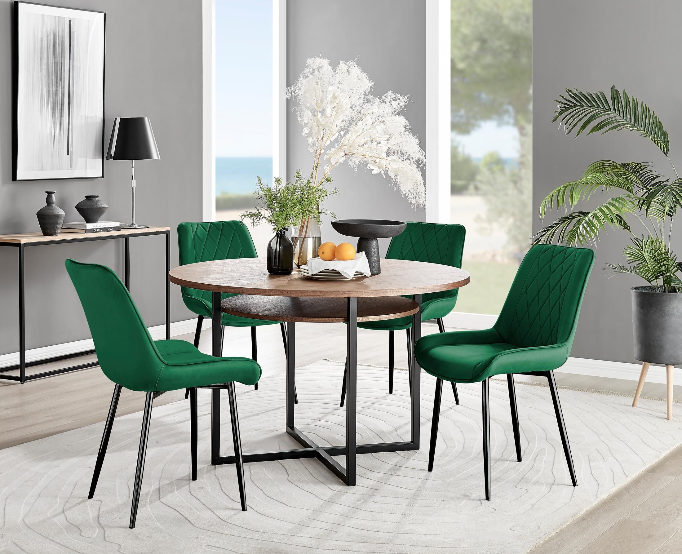 FurnitureboxUK Adley Brown Wood Storage Dining Table & 4 Pesaro Black Leg Chairs in Green