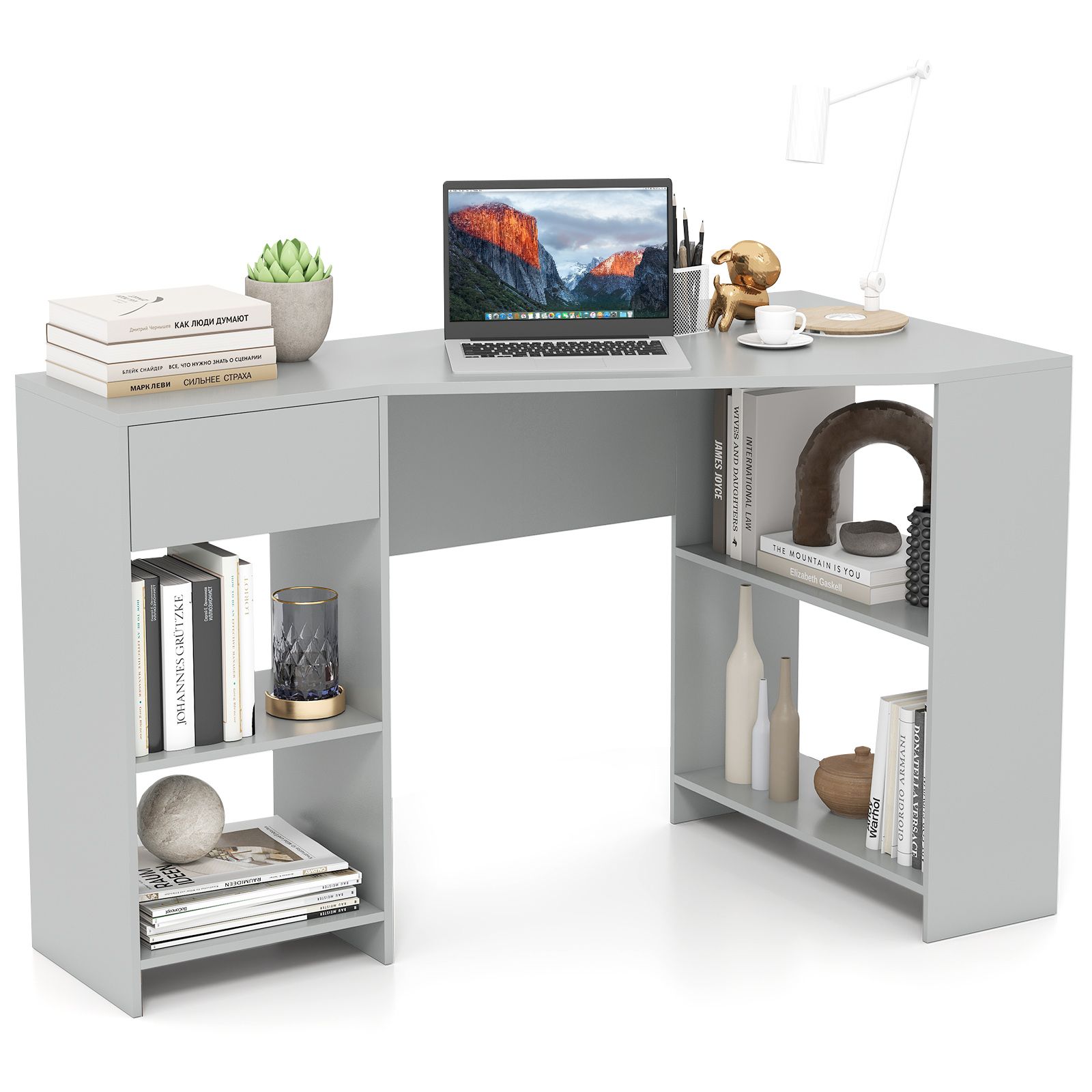 Costway L-Shaped Computer Desk Compact Corner Executive Desk w/Storage in Grey