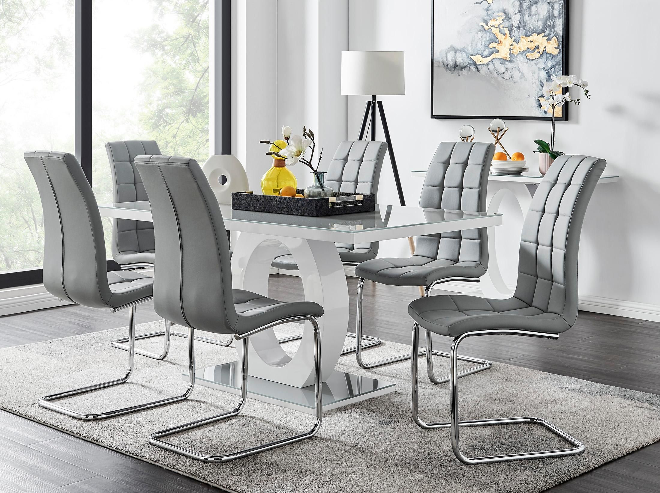 FurnitureboxUK Giovani 6-Seater Grey Glass Dining Table & 6 Murano Faux Leather Dining Chairs