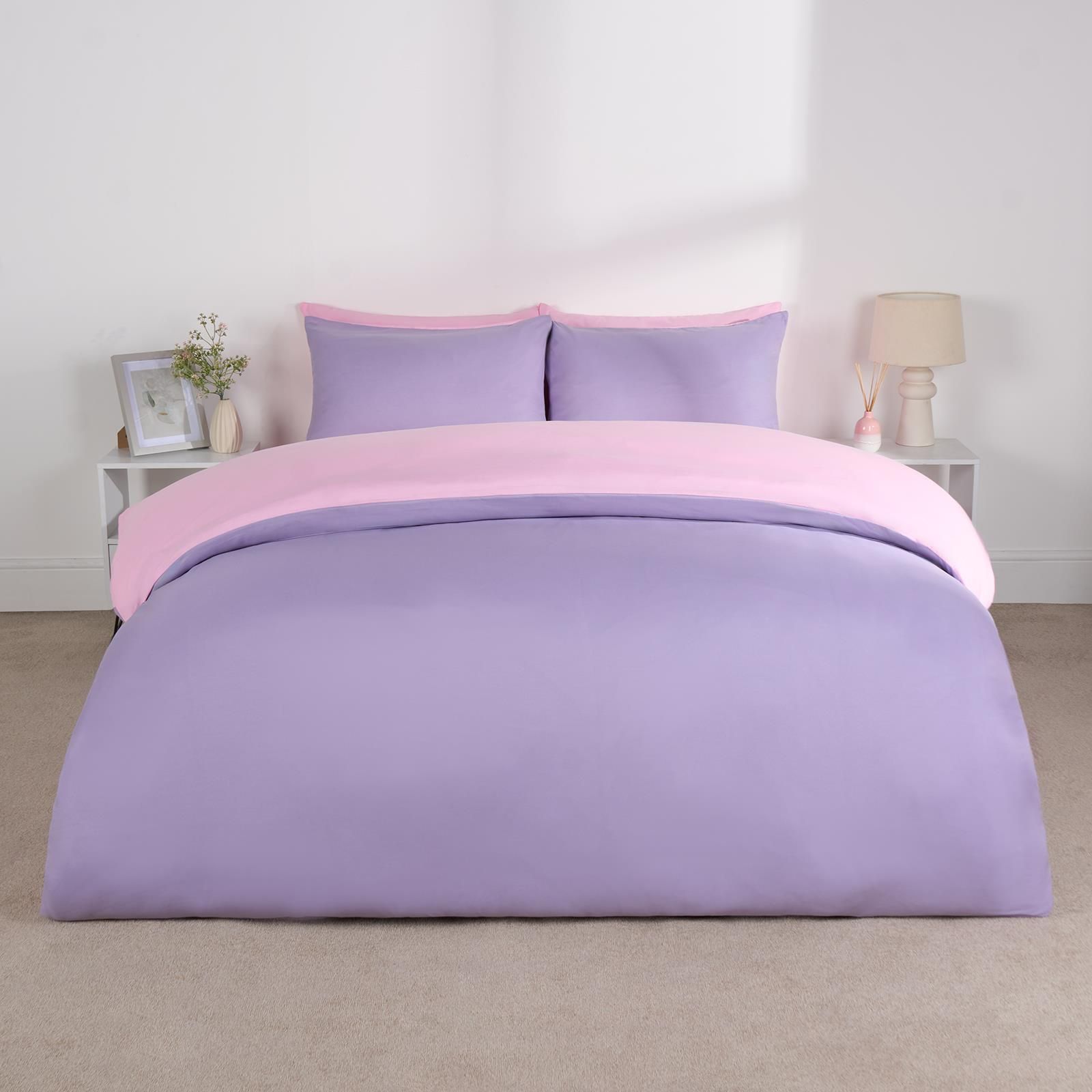 OHS Plain Reversible Duvet Cover With Pillowcase Set in Lilac