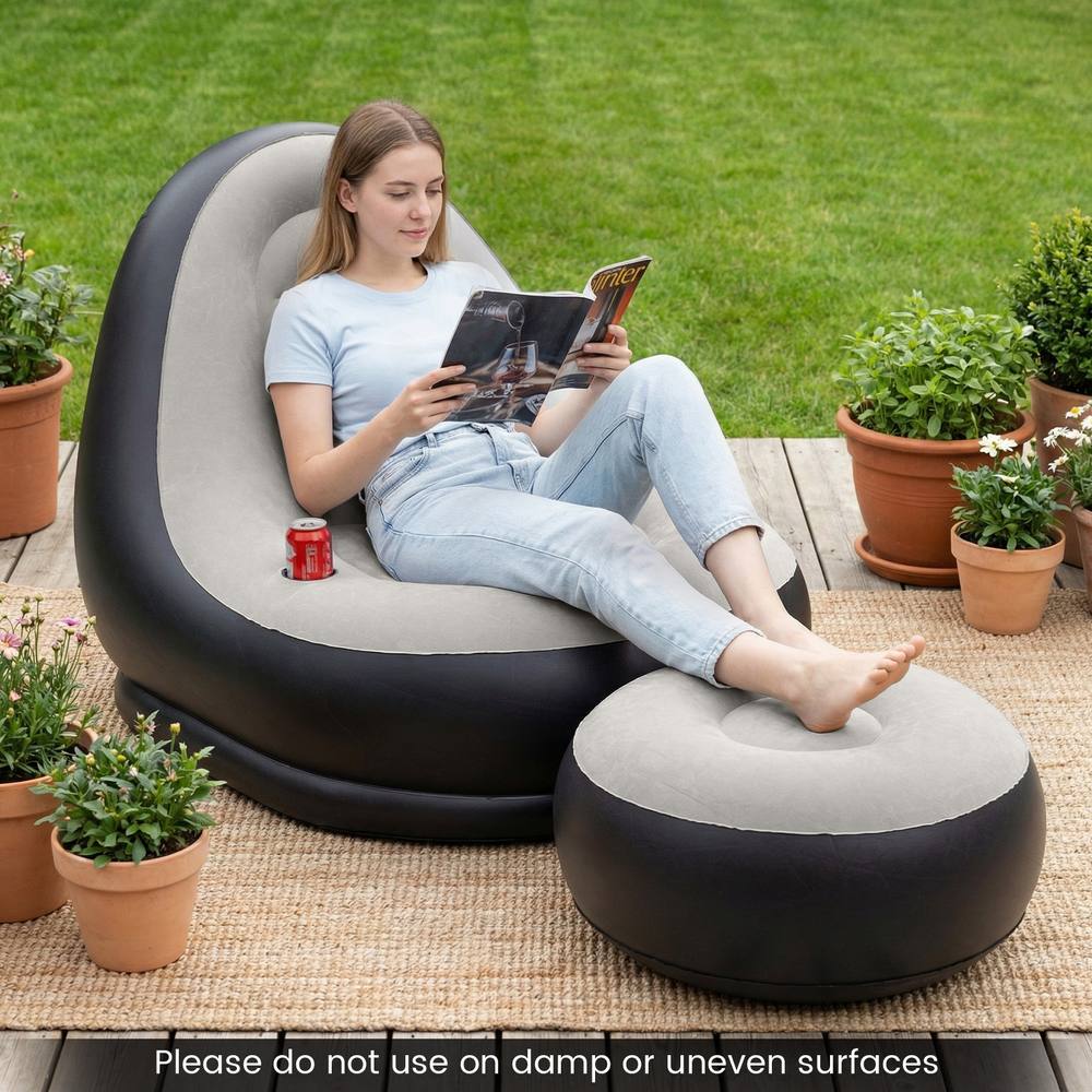 Costway Inflatable Lounge Sofa w/ Ottoman Air Sofa Blow up Single Couch in Grey