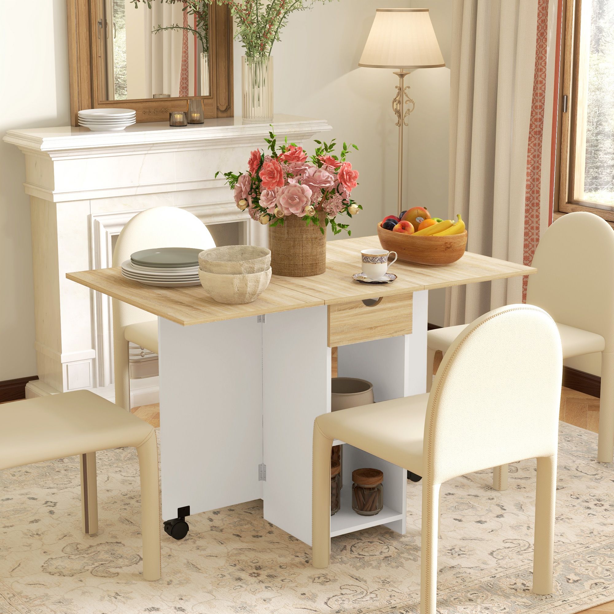 HOMCOM Foldable Dining Table, Drop Leaf Table with Storage for Kitchen in Light Oak