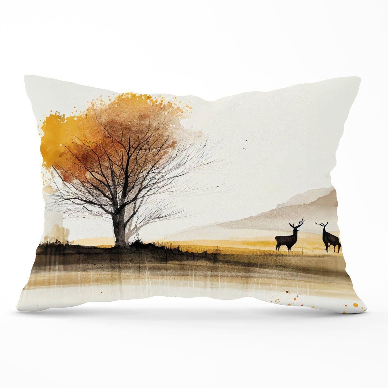 Warren Reed - Designer Autumn Landscape Stag Watercolour Cushions in Brown