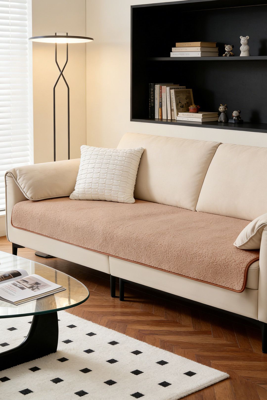Living and Home Non-Slip Faux Plush Sherpa-Style Sofa Cover in Camel