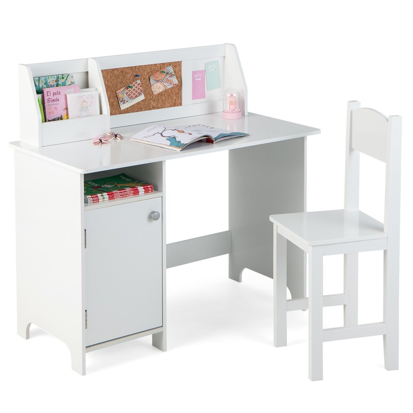 Costway Desk & Chair Set Wooden Study Table &Chair Writing Table Set in White