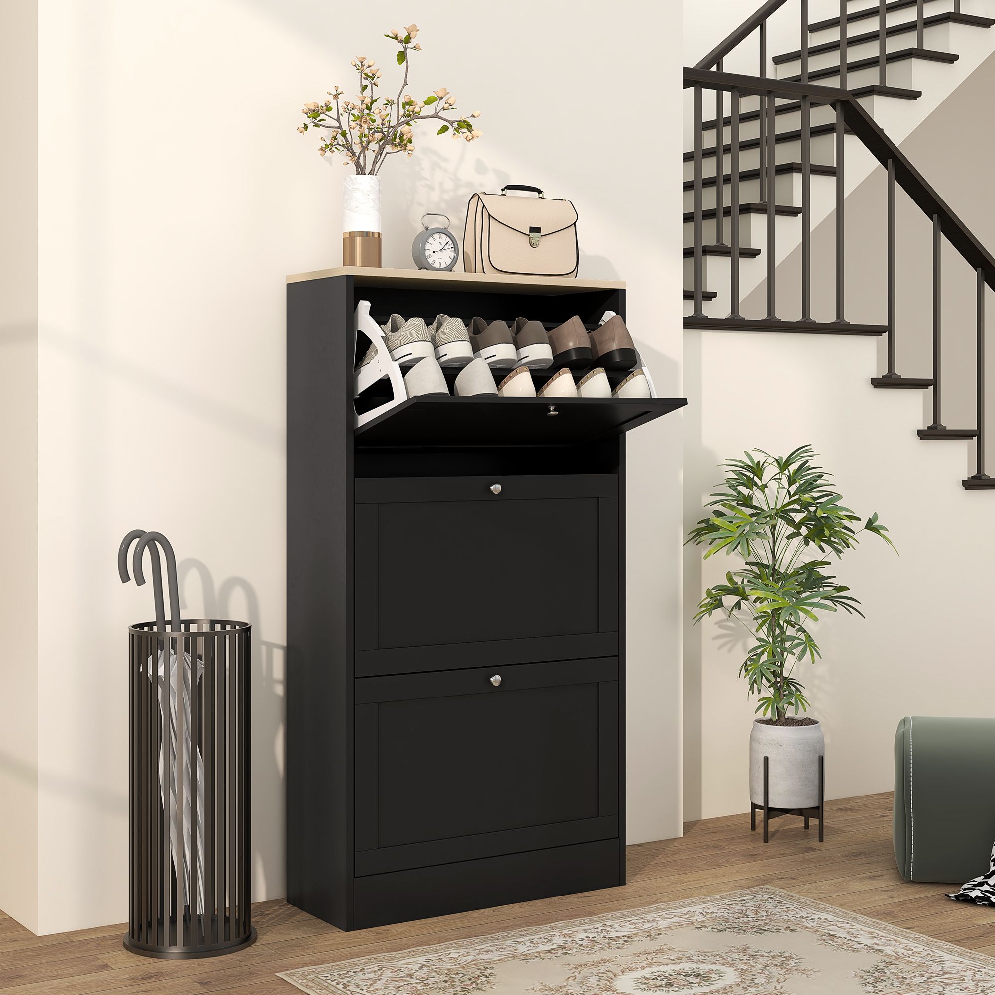 HOMCOM Narrow Shoe Cabinet w/ 3 Flip Drawers for 12-18 Pairs of Shoes Black