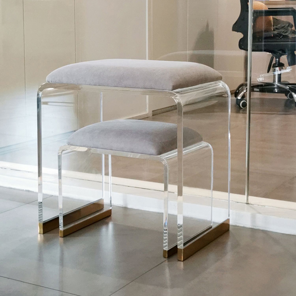 Velvet Upholstered and Acrylic Frame Dressing Table Stool Grey and Clear Ottoman