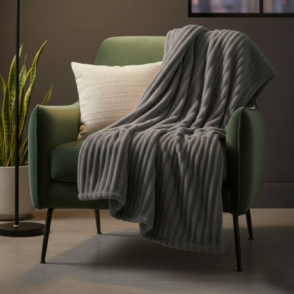 Snug City Chunky Ribbed Mink Throw Ultra Soft Warm Elegant Blanket for Sofa Bed in Grey