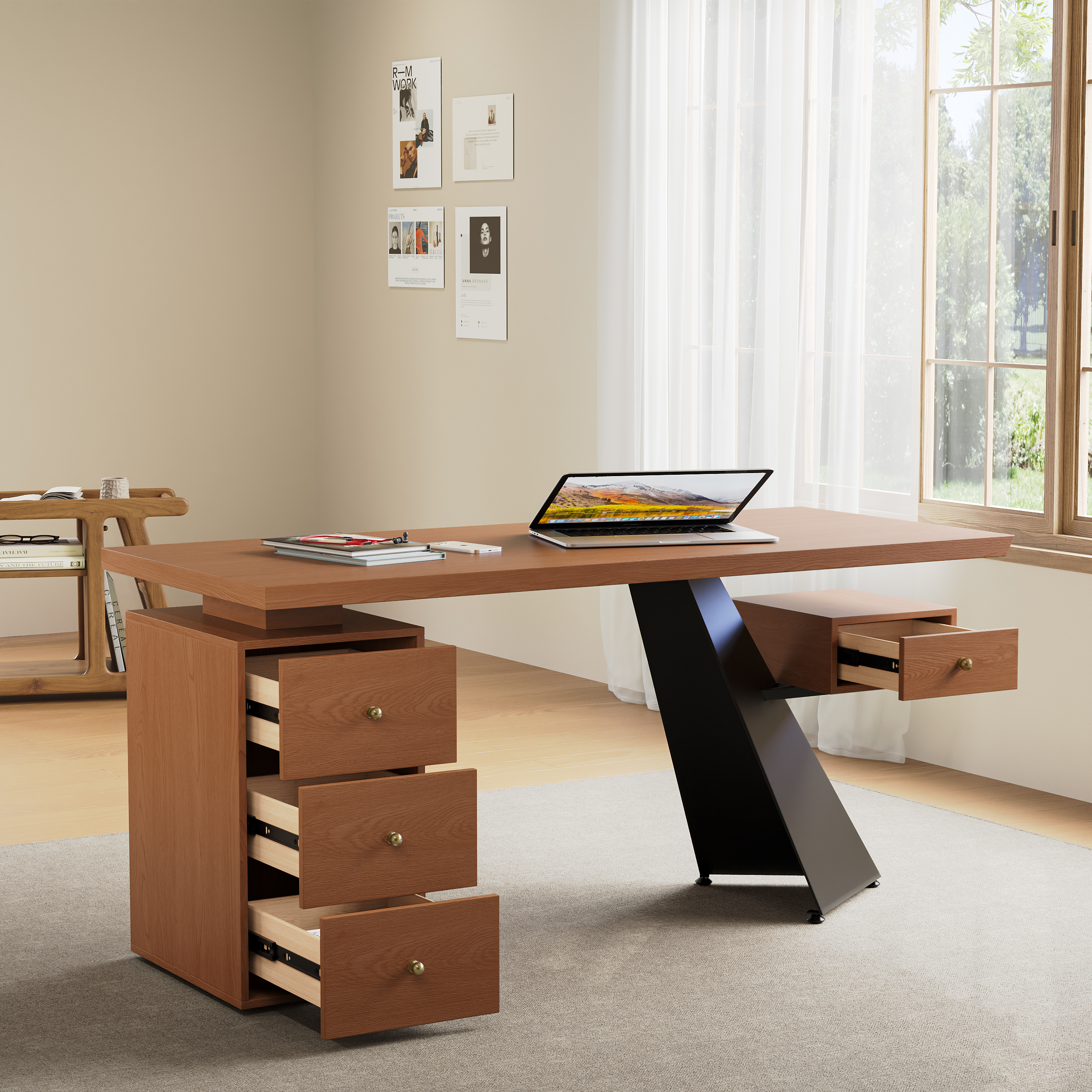 1600mm Walnut Office Desk with Drawer, Modern Workspace, Engineered Wood, Black/ Walnut Finish