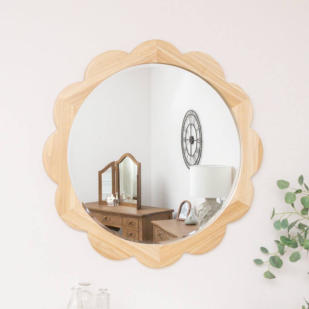 Melody Maison Large Light Wood Scalloped Edge Bevelled Wall Mirror - 97cm in Light Brown