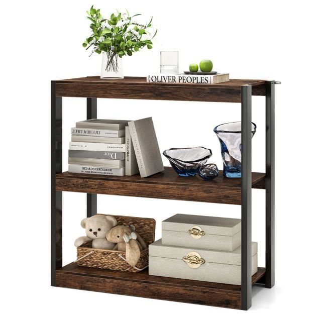 Costway 3 Tier Bookshelf Wooden Bookcase with Dual Anti-Tipping Kits Brown