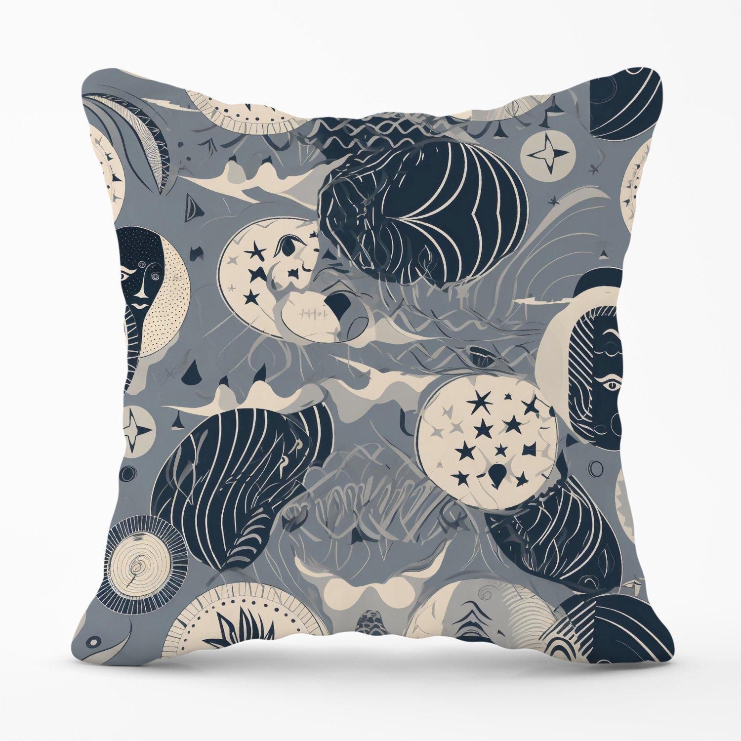 Warren Reed - Designer Abstract Moon & Stars Outdoor Cushion in Grey