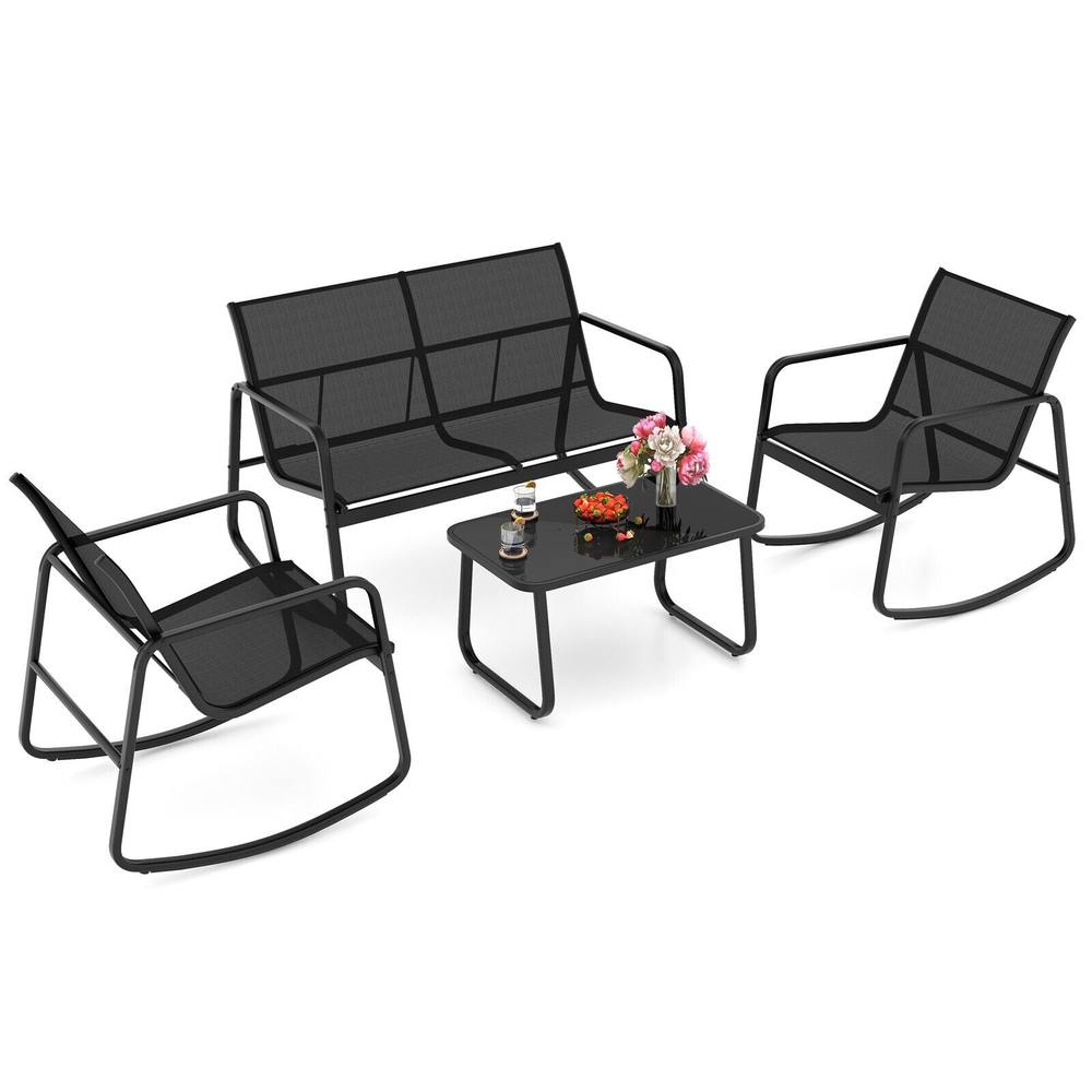 Costway 4 PCS Patio Rocking Set Outdoor Rocker Chair Conversation Set in Black