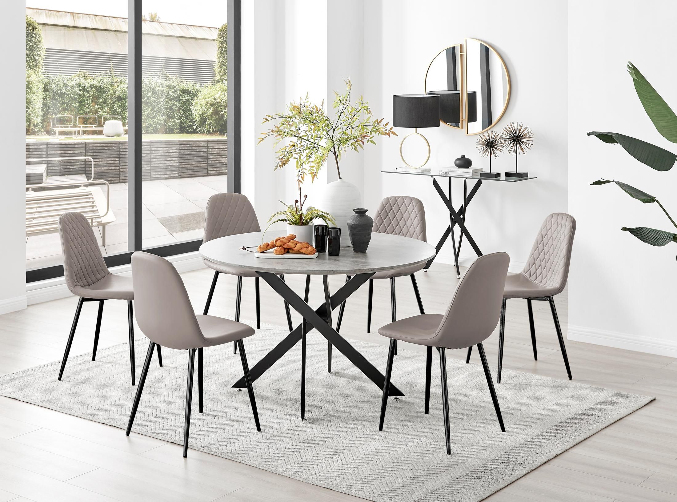 FurnitureboxUK Novara Grey Concrete Effect Black Leg 120cm Round Dining Table & 6 Corona Black Leg Chairs in Beige