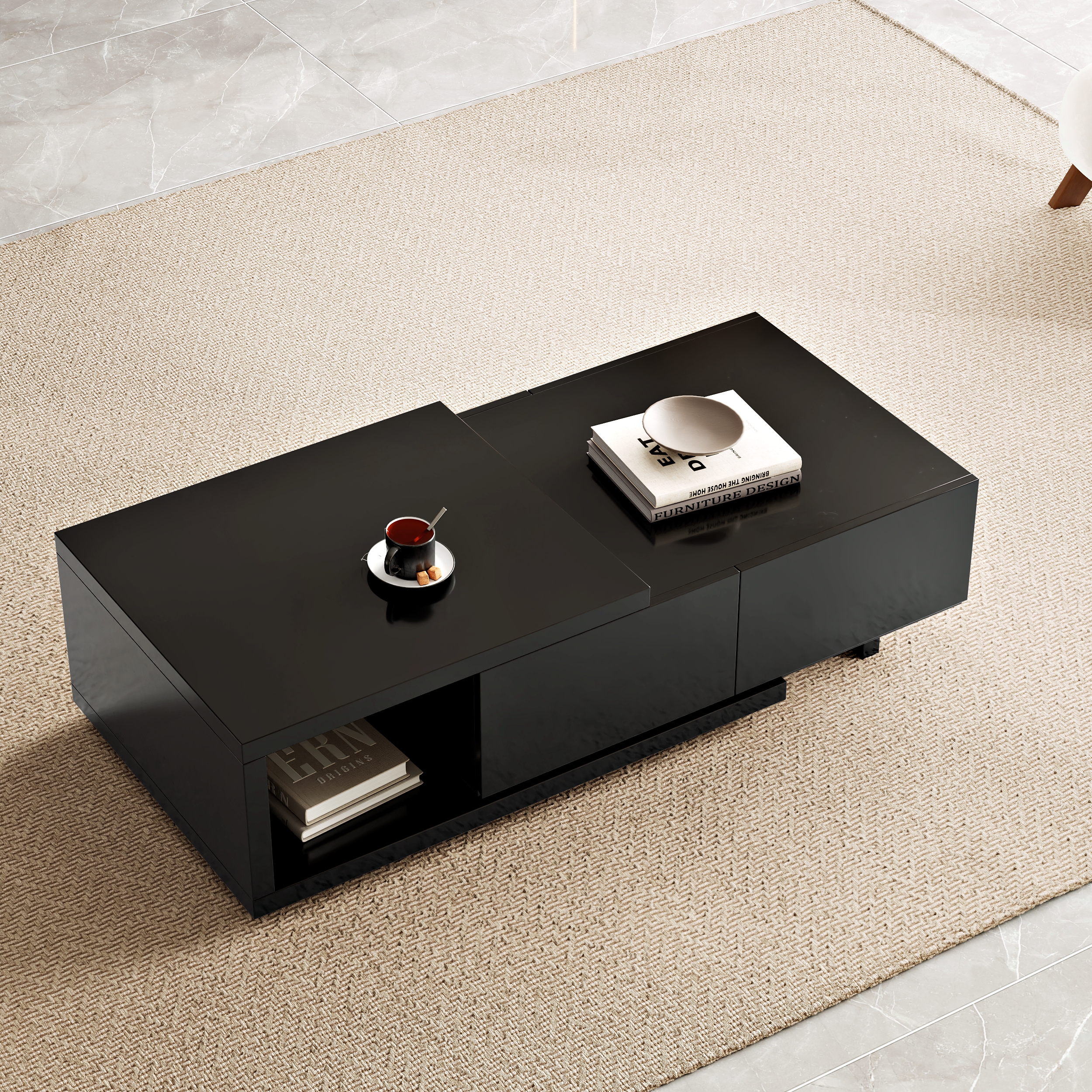 Quoint 1750mm Modern Black Coffee Table Retracted & Extendable with 2-Drawer