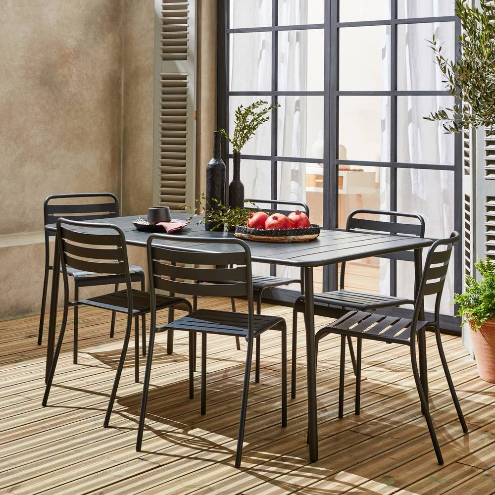 sweeek 6-8 Seater Rectangular Steel Garden Table With Chairs in Dark Grey