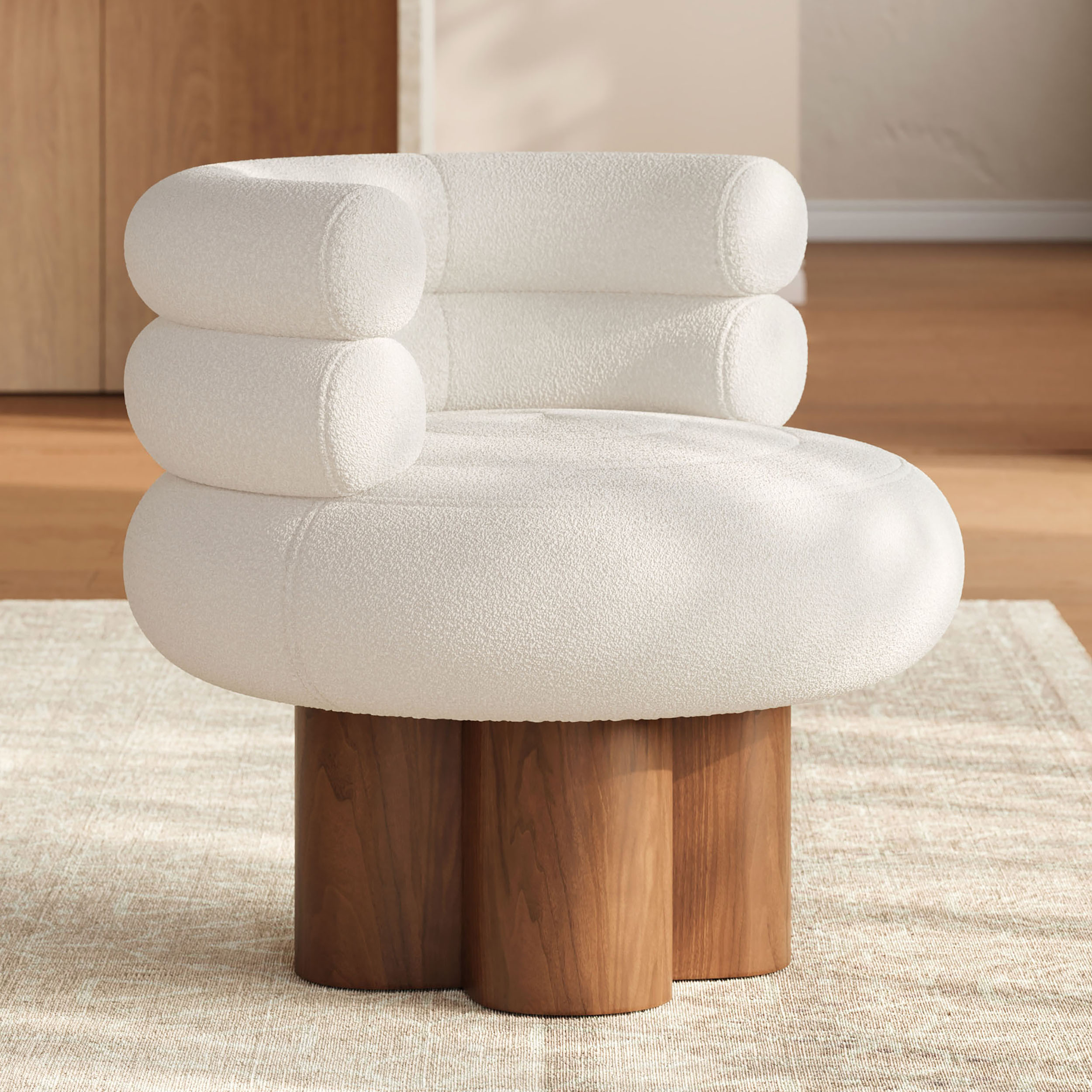 Swivel Solid Wood Base Accent Chair Boucle Armchair for Living Room in White