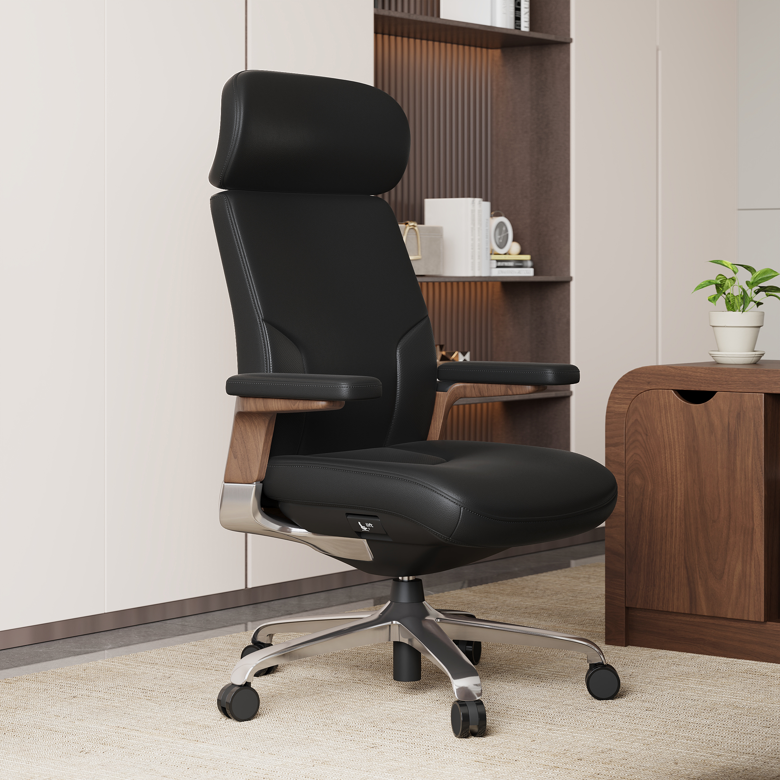 Black Genuine Leather Swivel Office Chair with Ergonomic Synchro-Tilt Recline System
