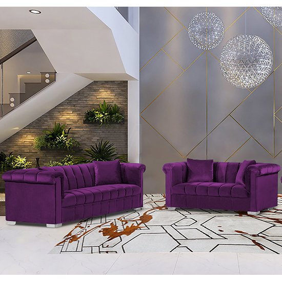 Kenosha Velour Fabric 2 Seater And 3 Seater Sofa In Boysenberry