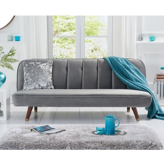 Daclos Velvet Sofa Bed In Grey With Solid Wood Legs