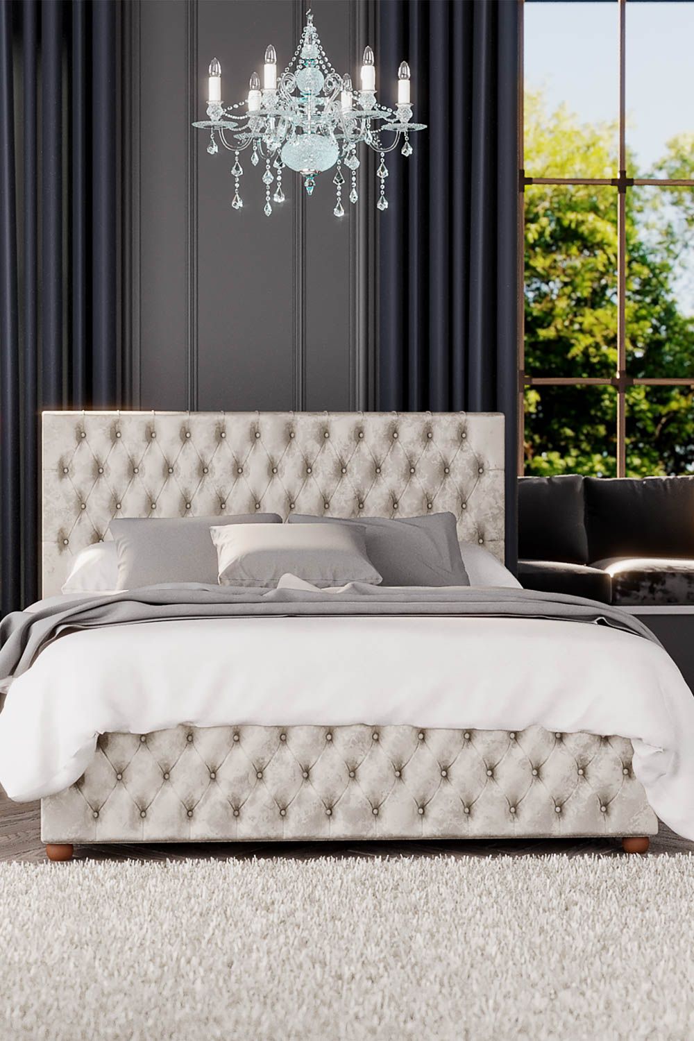 Laurence Llewelyn-Bowen Seren Ottoman Storage Bed in Mirazzi Velvet Fabric, Custom Made in Ivory