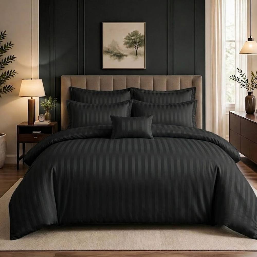 Pamposh Luxury Embossed Stripes Duvet Cover Set in Black