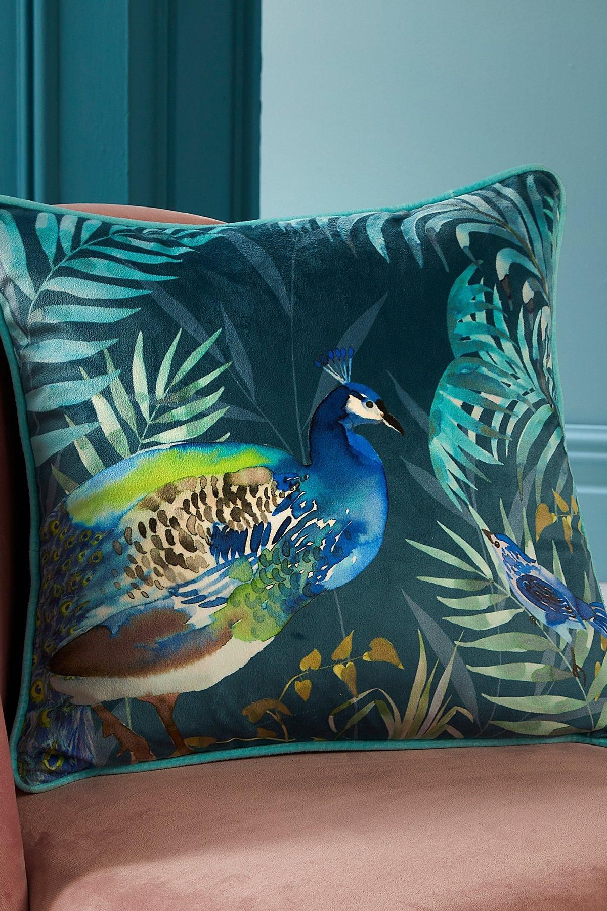 Soiree 'Peacock Jungle' Velvet Filled Cushion in Teal