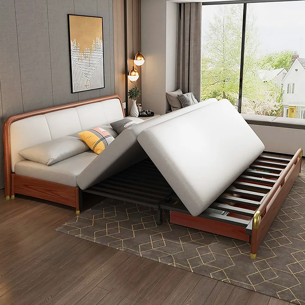 Leather Gray Sleeper Sofa Queen Pull Out Sofa Bed with Solid Wood Frame