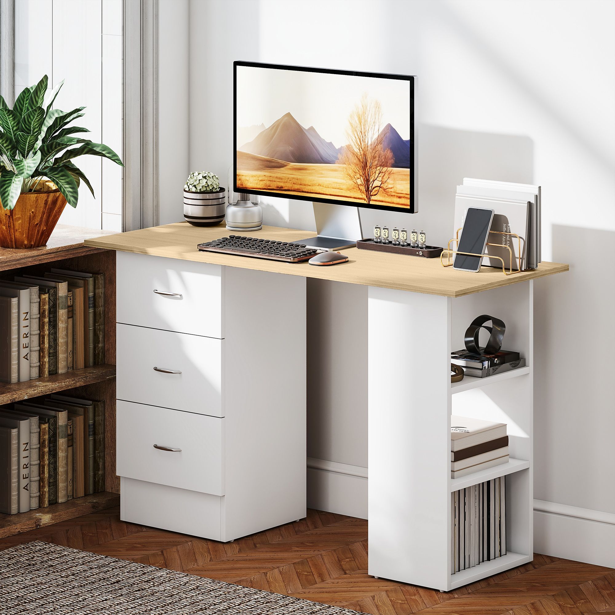 HOMCOM 120cm Computer Desk, Study Table with 3 Shelf & Drawers in Natural