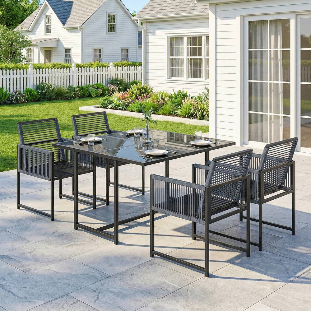 OUTSUNNY Garden Dining Set, Outdoor Table & Chairs with Foldable Backrest in Dark Grey