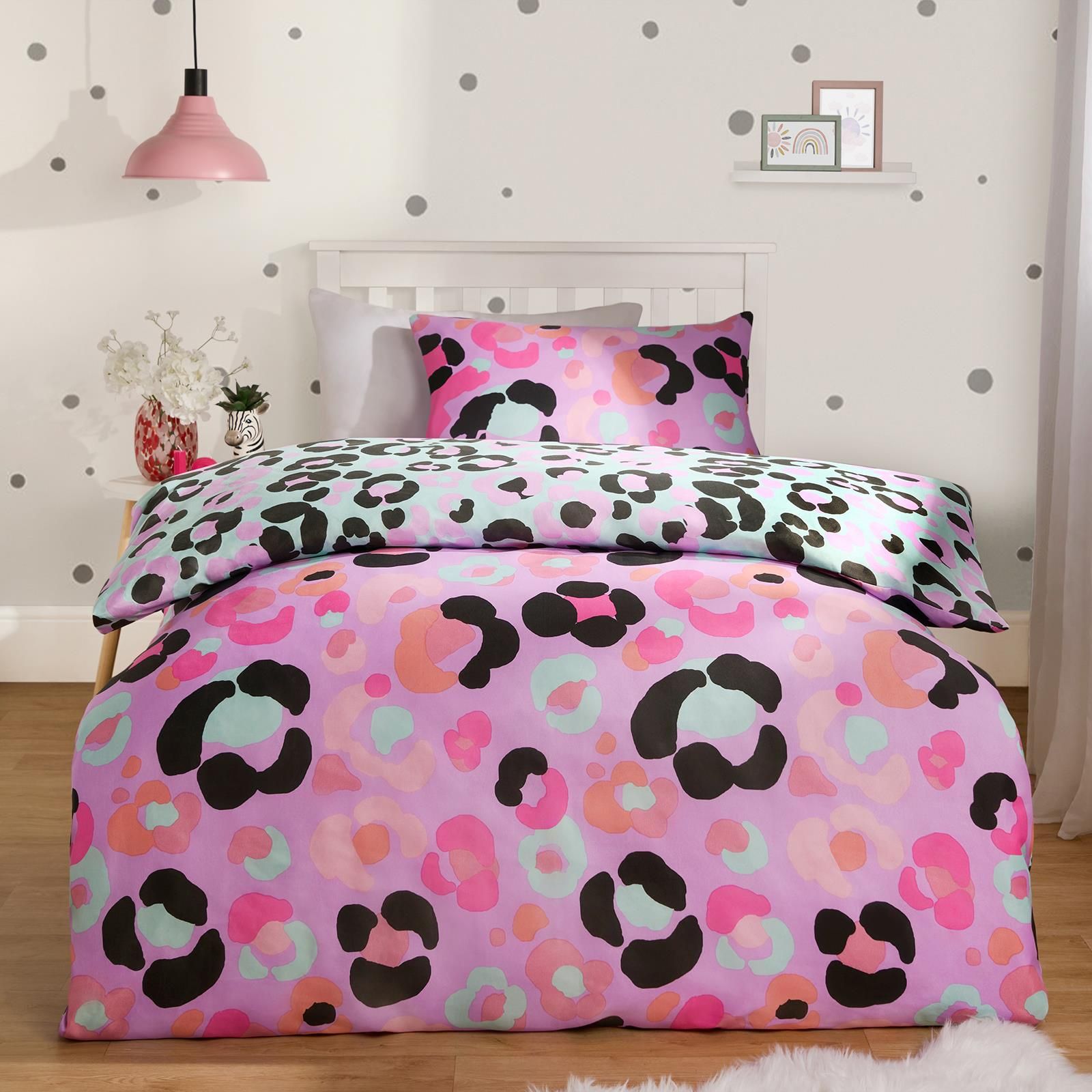 OHS Leopard Duvet Cover Bedding Set Quilt Pillowcase Soft Reversible in Lilac