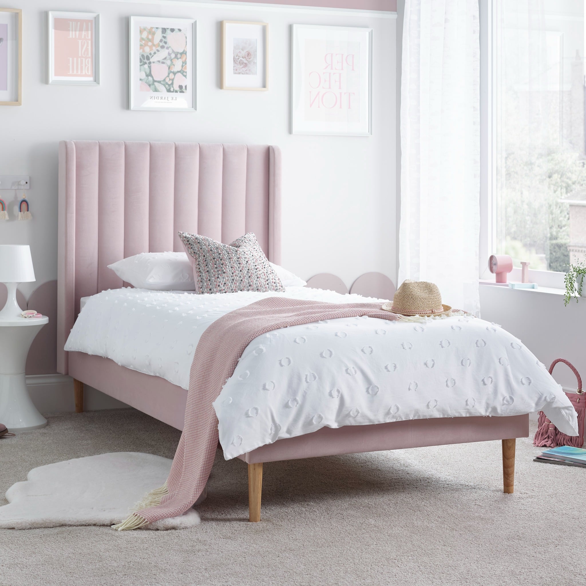 Marlow - Single - Low Foot-End Kids’ Bed - Pink - Velvet - 3ft - Happy Beds
