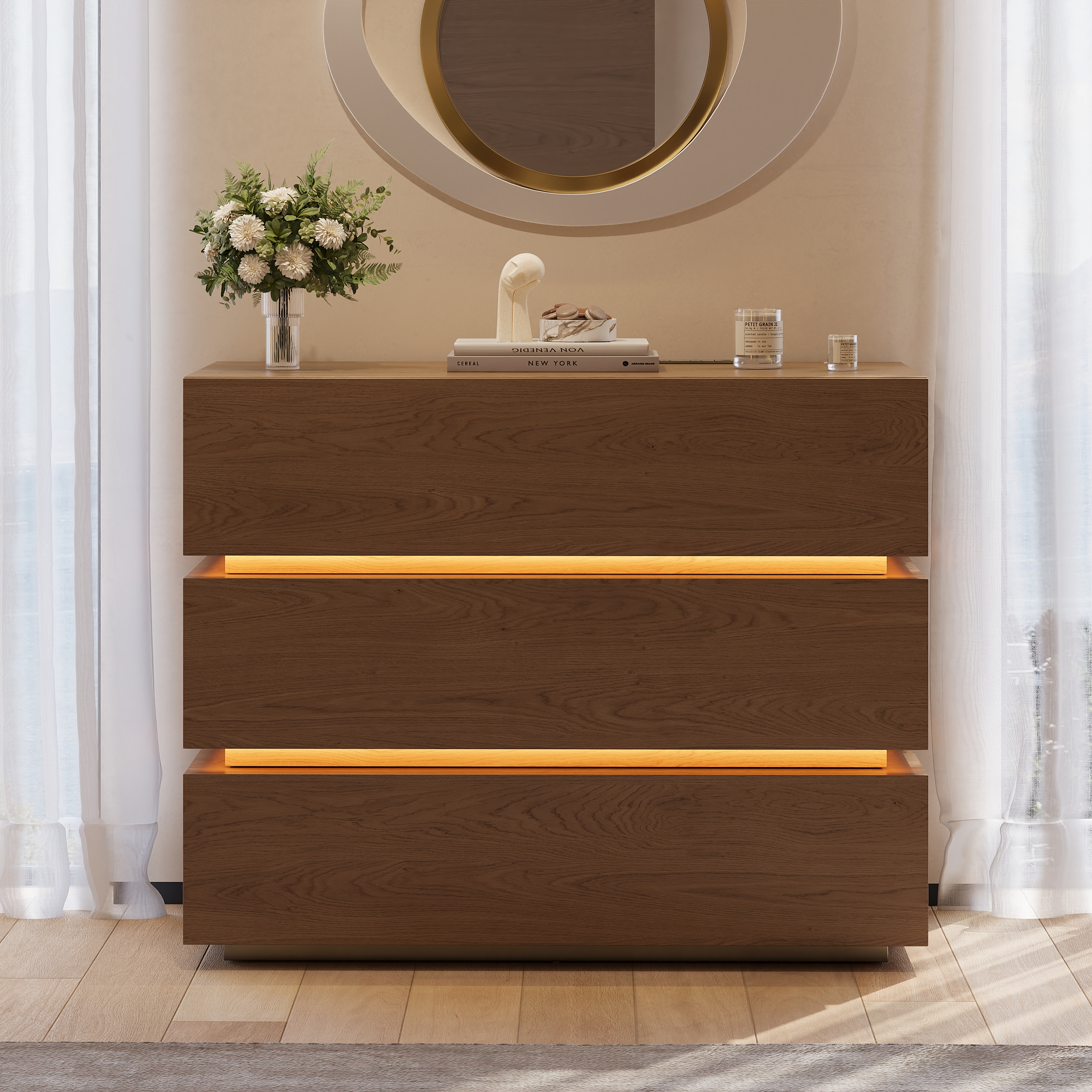 Lumio 39" Walnut 3-Drawer Chest with Light and Charging Station