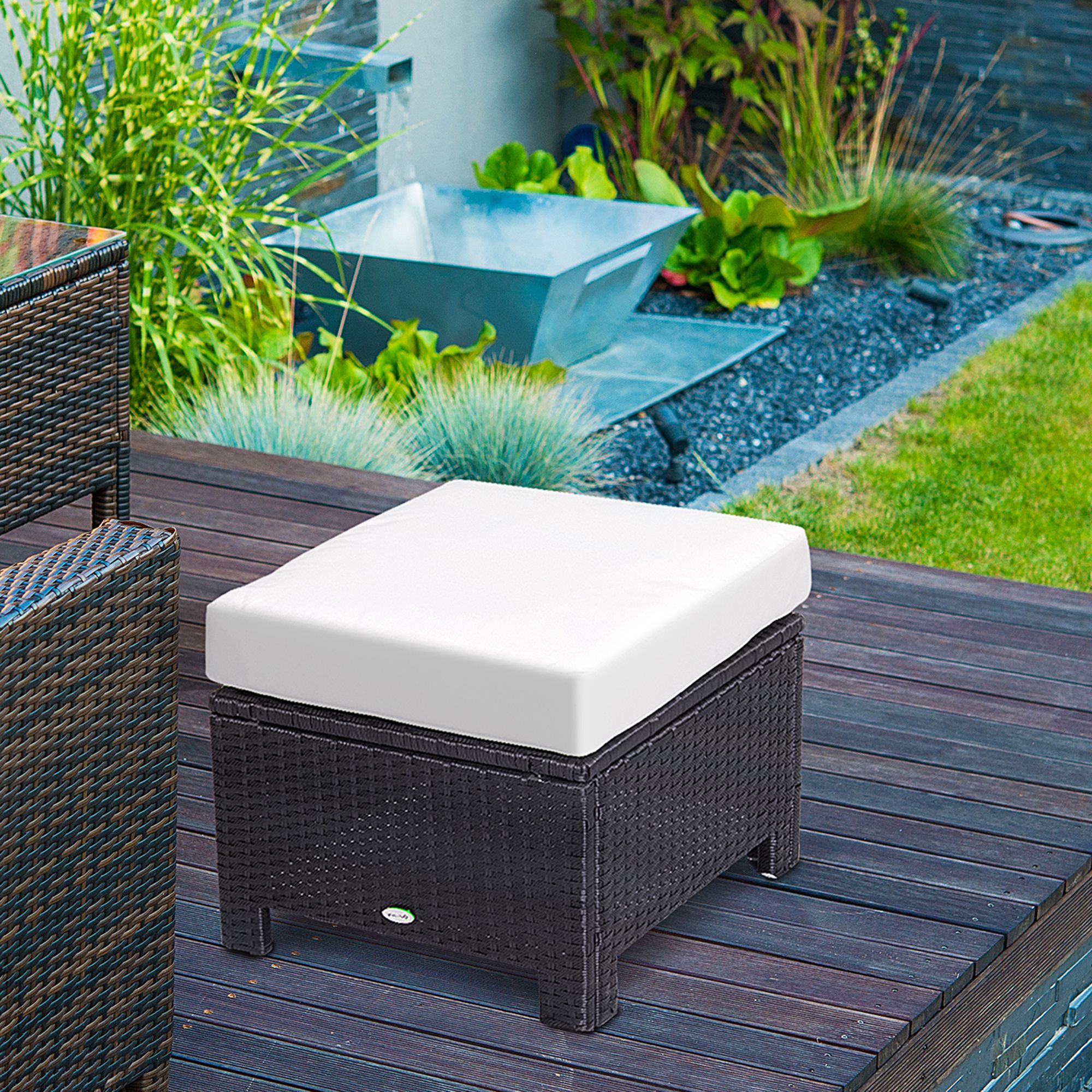 OUTSUNNY Rattan Footstool Wicker Ottoman w/ Padded Seat for Backyard Garden in Black
