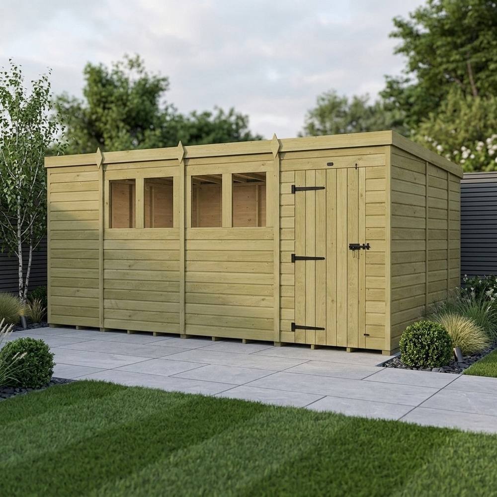 Buttercup Farm 15ft x 9ft Pent Garden Shed Single Door With Windows - Timber in Brown 2