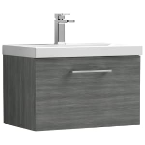 Nuie Arno Anthracite Woodgrain Wall Hung 1 Drawer Vanity Unit & Basin - 390 x 610mm