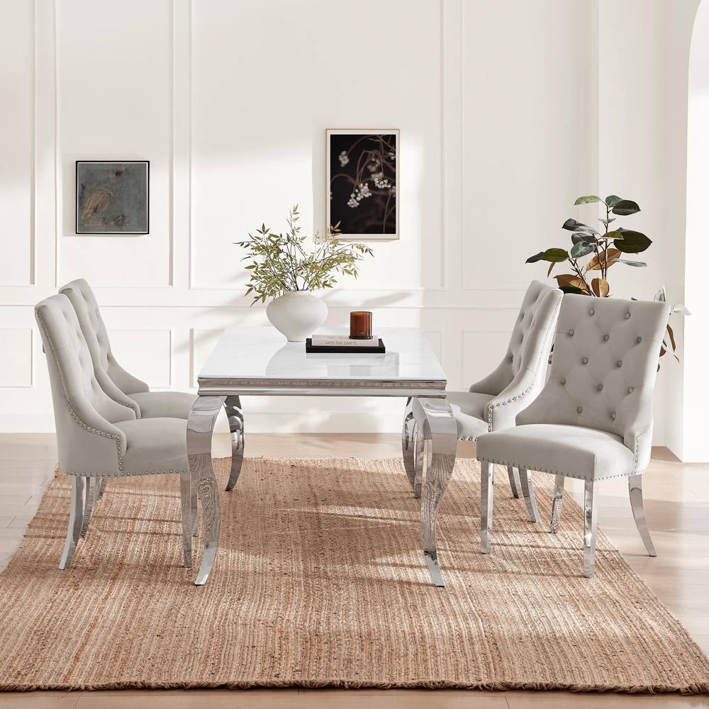 FurnitureboxUK Skye Rectangle Marble Effect Dining Table & 4 Grey Belgravia Chairs in White