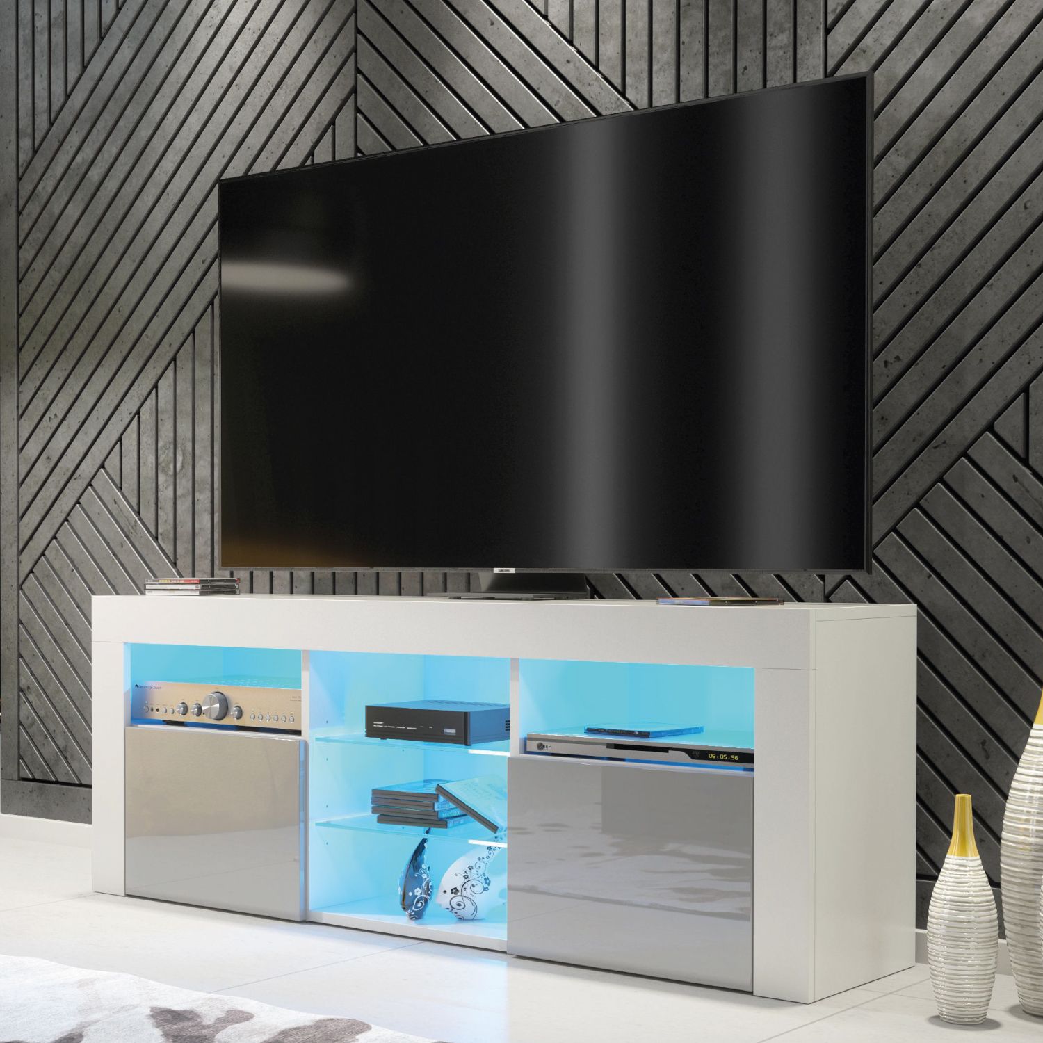 Creative Furniture Pulse TV Unit 145cm - A Stylish & Practical Cabinet with Gloss Doors & LED Lights in Grey