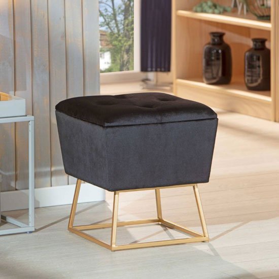 Surin Fabric Storage Ottoman Stool In Black With Metal Legs