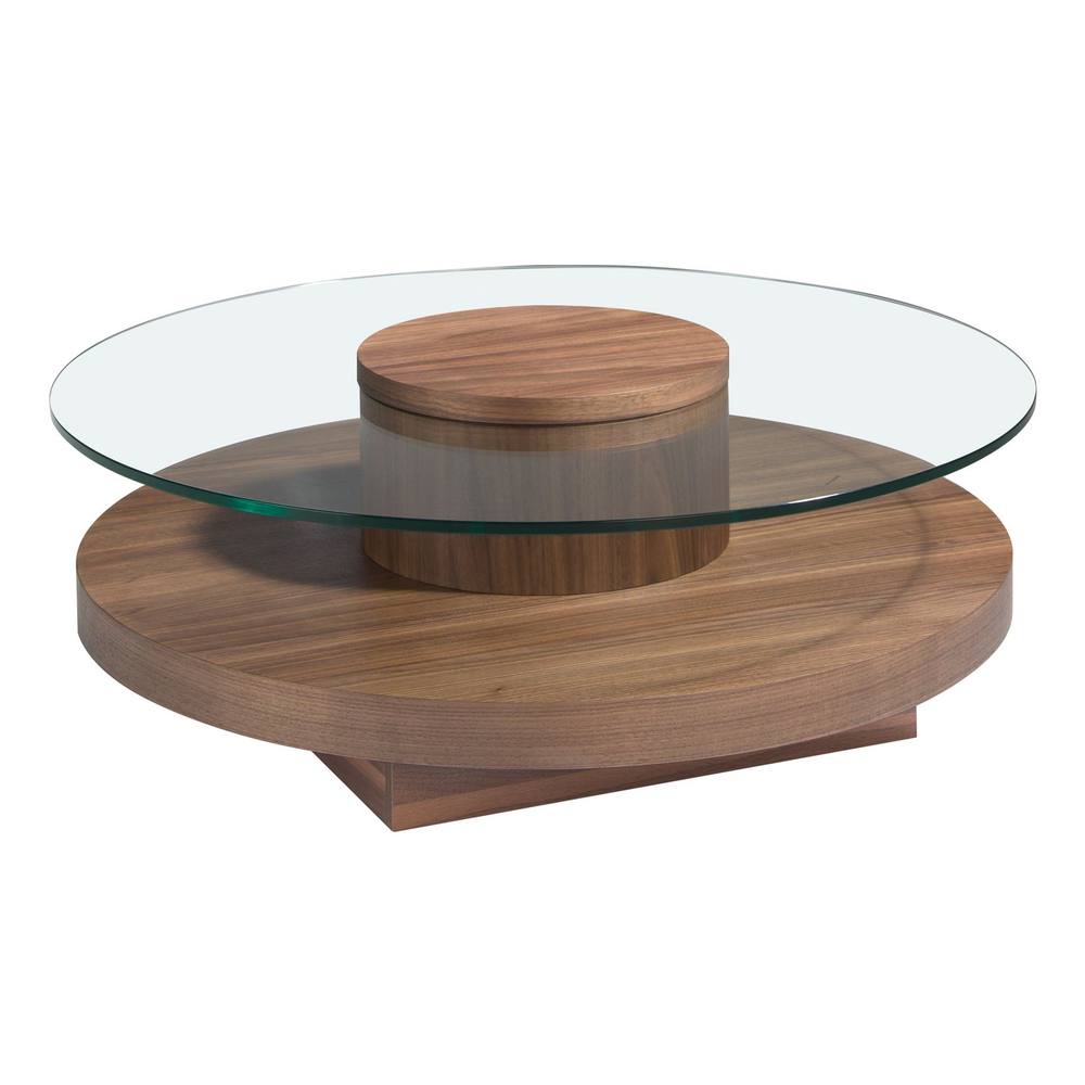 Angel Cerda Round Tempered Glass Coffee Table Walnut Veneer Legs in Brown