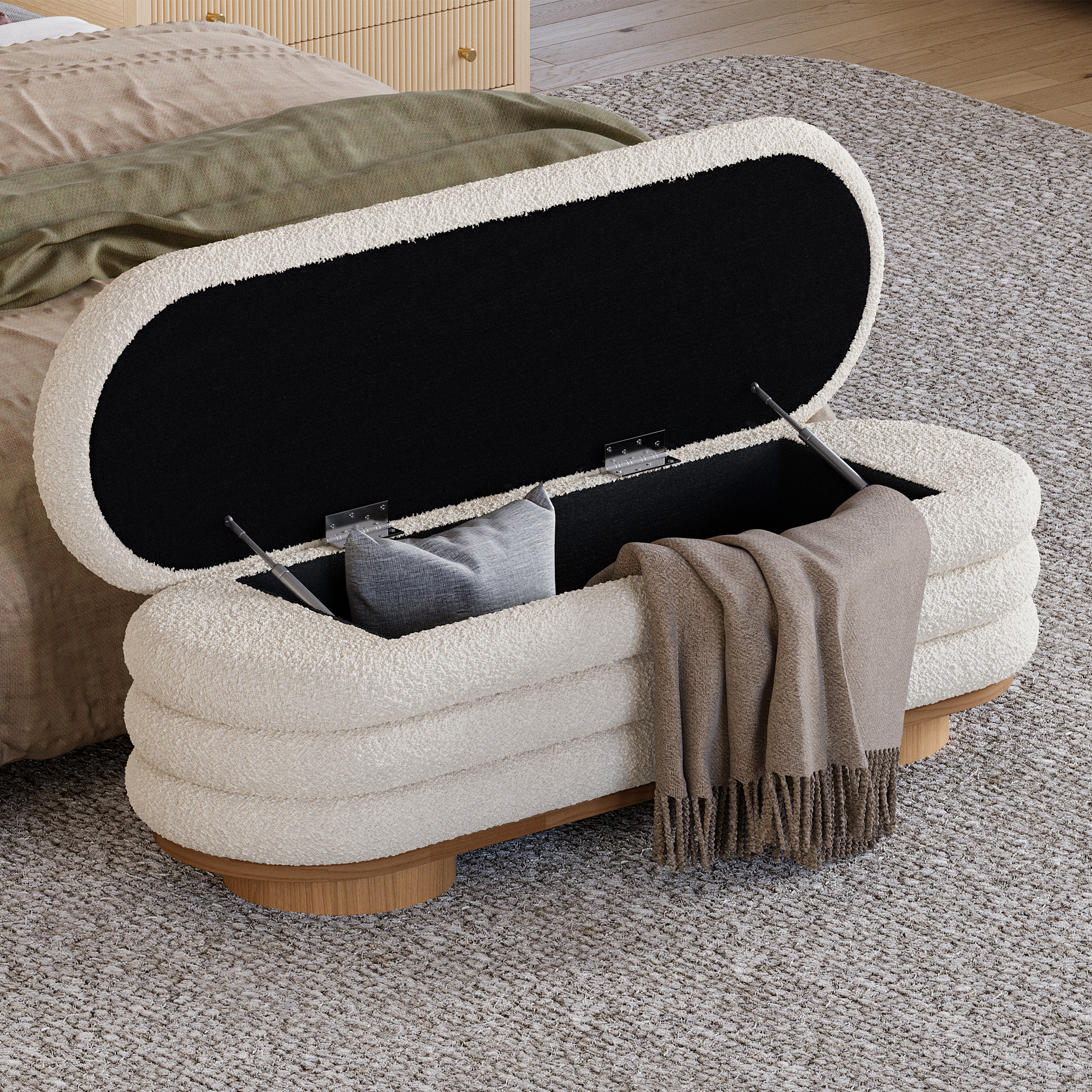 1800mm Modern White Bedroom Storage Bench Boucle Upholstery with Wood Legs